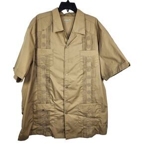 KS Island KingSize Men Shirt Sz 2XL Guayabera Tan Short Sleeve Button Collared